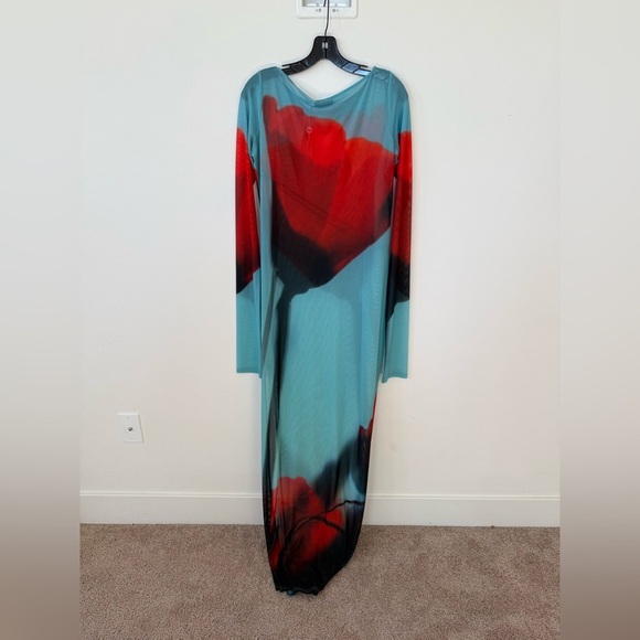 Rat & Boa Blue Red Floral Tulip Sheer Santino Maxi dress long sleeve XL NWOT - Picture 8 of 9